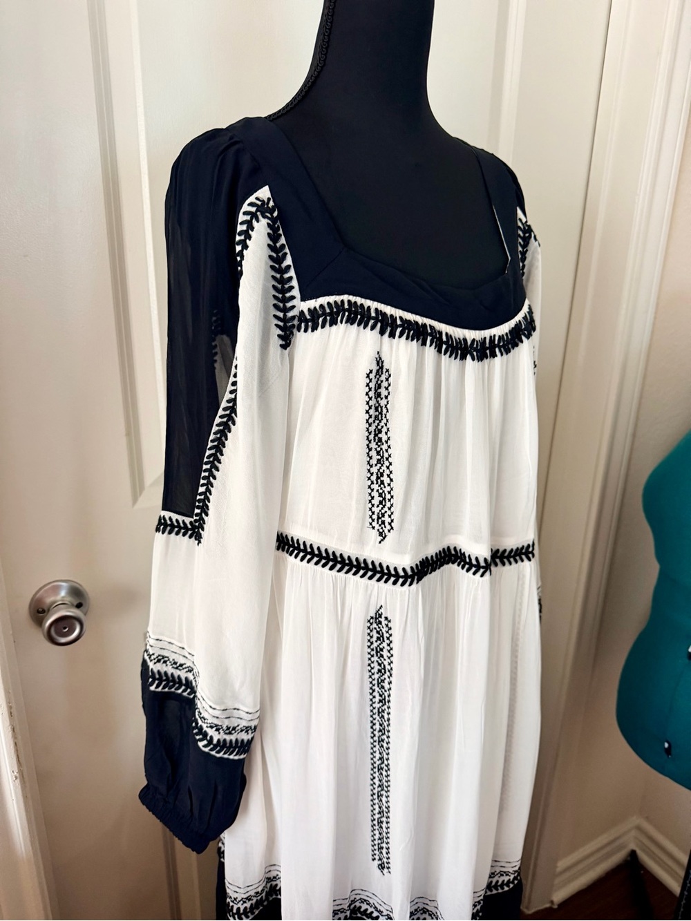 Anthropologie White and Black Embroidered Maxi Dress